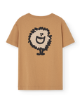 Brown t-shirt with a smiley hedgehog design on a white background