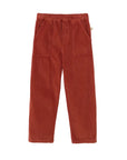 A pair of rust-colored corduroy pants with a drawstring waist and side pockets, displayed flat against a light gray background.