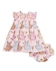 Children's dress with bunny print on a white background