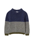 Two-tone gray and blue sweater on a light purple background