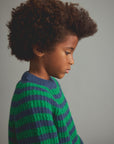 A child with voluminous dark brown curly hair shown in profile, wearing a chunky knit sweater with horizontal stripes in green and navy blue against a plain gray studio background.