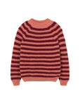 Striped sweater with pink and purple horizontal stripes on a light gray background