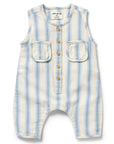 Striped baby romper with button details on a white background