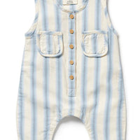 Striped baby romper with button details on a white background