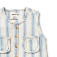 Baby vest with blue and white stripes and wooden buttons on a white background