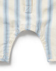 Close-up of a baby romper with blue and white stripes on a white background
