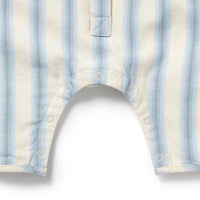 Close-up of a baby romper with blue and white stripes on a white background