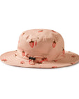 Pink bucket hat with strawberry pattern on a white background