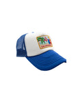 Blue and white trucker cap with a 'California' patch on a white background
