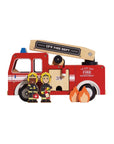 Wooden toy fire truck with firefighters and flames on a white background