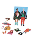 Set of paper dolls with colorful outfits on a blue background