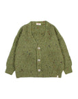 An olive green ribbed knit cardigan sweater with small multicolor flecks throughout, featuring a V-neck and three front buttons, laid flat on a light gray background.