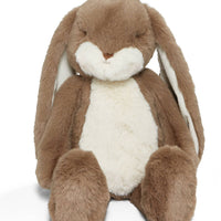 Plush toy rabbit with brown fur and white belly on a white background