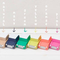 Set of colorful paper boxes labeled with color names on a white background