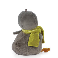 Plush toy mouse with a green scarf on a white background