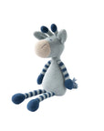 Knitted toy giraffe with blue and white stripes on a white background