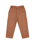 A pair of toddler's slim-fit trousers in a warm rust brown color, laid flat against a light gray background.
