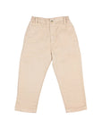 A pair of light beige cropped pants with a tapered leg, laid flat against a light gray background.