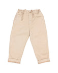 A pair of beige toddler pants with a drawstring waist and rolled cuffs, laid flat on a light gray background.