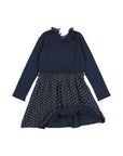 A long-sleeve dress in dark navy blue, featuring a ribbed knit top and a flared skirt with a small floral pattern, laid flat against a light gray background.