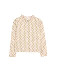 A long-sleeve blouse with a high mock neck, featuring a delicate all-over floral print in muted green and pink on a warm cream background, shown against a plain light gray studio background.