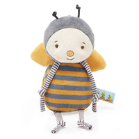 Toy bee with striped body and gray helmet on a white background