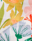 Close-up of a colorful floral pattern with various flowers and leaves on a white background.