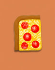 Toy cheese with tomato slices on a brown background