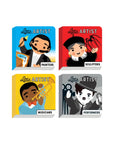 Four books titled 'Little Artist' featuring illustrations of painters, sculptors, musicians, and performers on a white background.