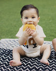 Two babies sitting on a black and white chevron blanket on green grass, wearing matching white t-shirts with food graphics.