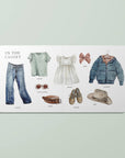 Illustrated children's book open to a page titled 'In the Closet' with clothing items on a light green background.