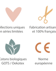 Four feature icons on a white background with French text: a pink heart reading 'Collections uniques en séries limitées', gold scissors reading 'Fabrication artisanale et 100% française', a muted green leaf icon reading 'Cotons biologiques GOTS / OekoTex', and an orange CE mark reading 'Norme européenne'.
