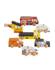 Set of wooden toy emergency vehicles including a helicopter, fire truck, ambulance, and police car on a white background.