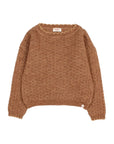 A textured knit crewneck sweater in a warm camel brown color, featuring a scalloped edge around the neckline and ribbed cuffs and hem, shown flat on a light gray background.