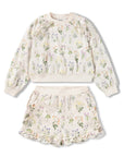 Floral sweatshirt and shorts set on a white background