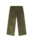 Olive green corduroy pants shown from the back, featuring a button closure and large side pockets, displayed on a white background with a black border.