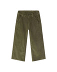 Olive green corduroy pants with a button closure and belt loops, shown flat on a white background.