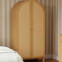 Wooden wardrobe with wicker design in a bedroom setting