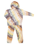 Tie-dye hoodie and pants set on a white background