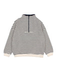 A long-sleeve quarter-zip sweatshirt with horizontal navy and cream stripes, featuring solid cream ribbed cuffs and hem, shown from the back on a light gray background.