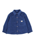 A blue corduroy long-sleeve button-up shirt with a chest pocket and a small brand label, displayed flat against a light gray background.