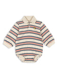 Striped baby romper with a collar on a white background