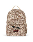 Leopard print backpack with a face design on a white background