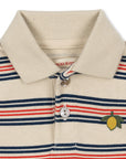 Beige polo shirt with red and blue stripes and a lemon emblem on a white background