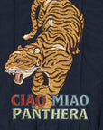 Embroidered tiger design with 'CIAO MIAO PANTHERA' text on a dark background
