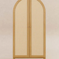 Wooden cabinet with rattan doors on a beige background