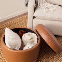 NAKA STORAGE OTTOMAN - TAN VEGAN LEATHER