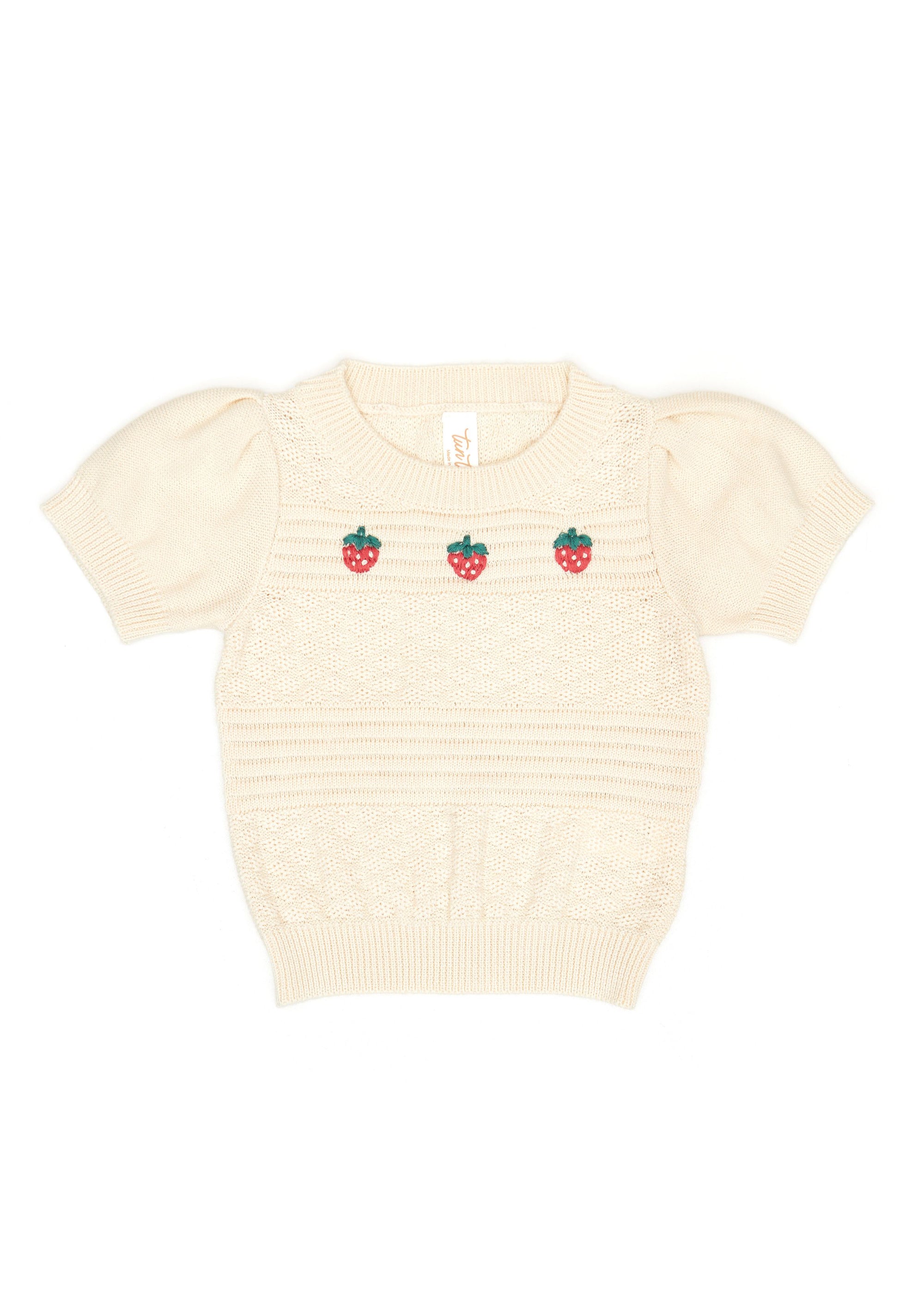Beige ribbed knit crop top with strawberry embroidery on a white background