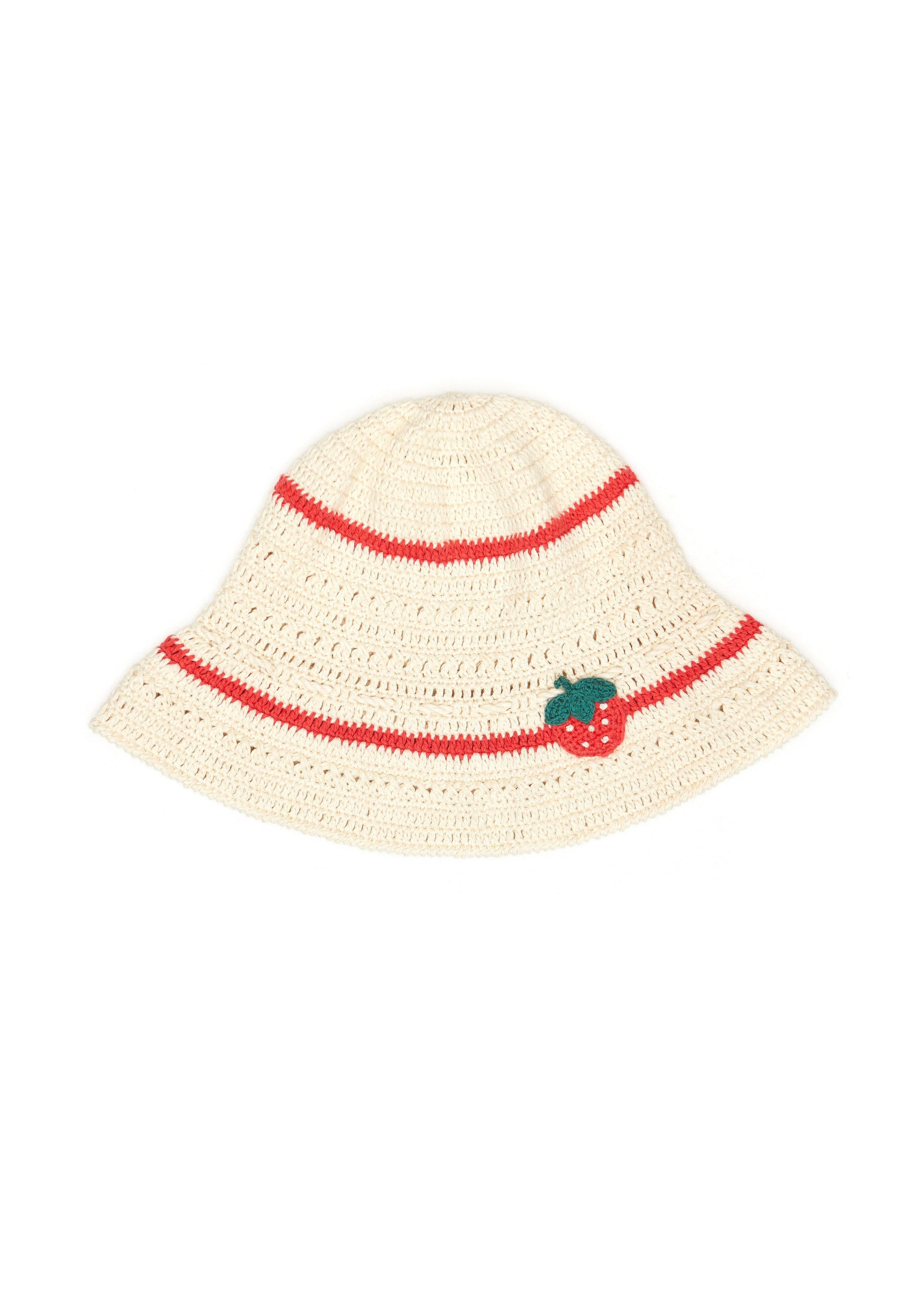 Cream-colored bucket hat with red band and green leaf design on a white background