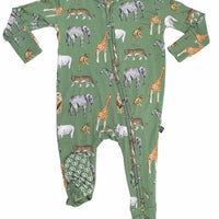 Green baby onesie with animal pattern on a white background